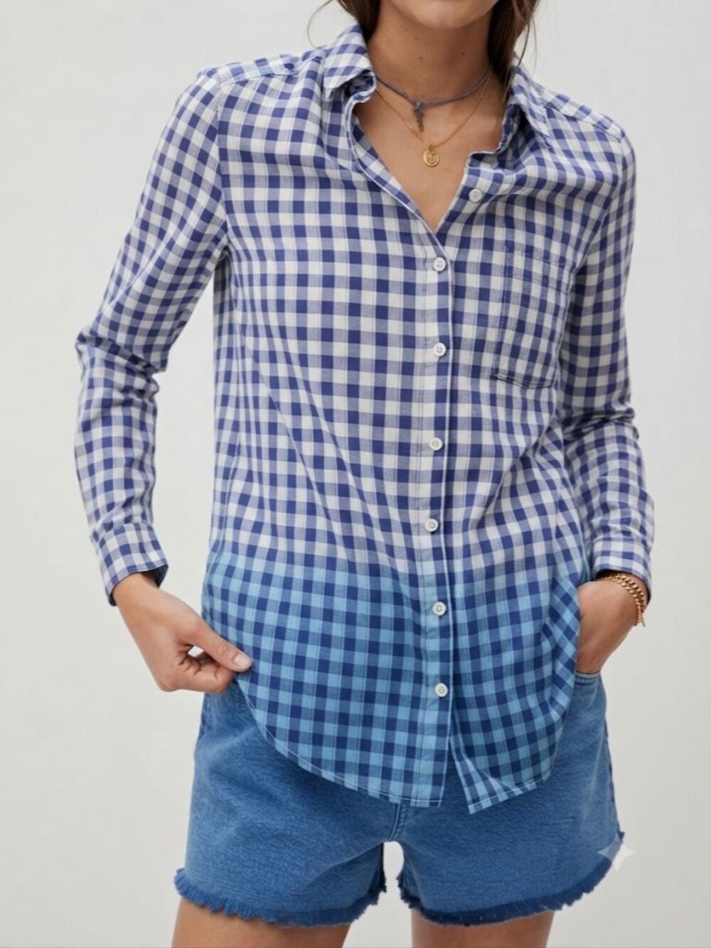 Pilcro Anthropologie Gingham Ombre Button Down Shirt Blouse Shimmer Blue White S